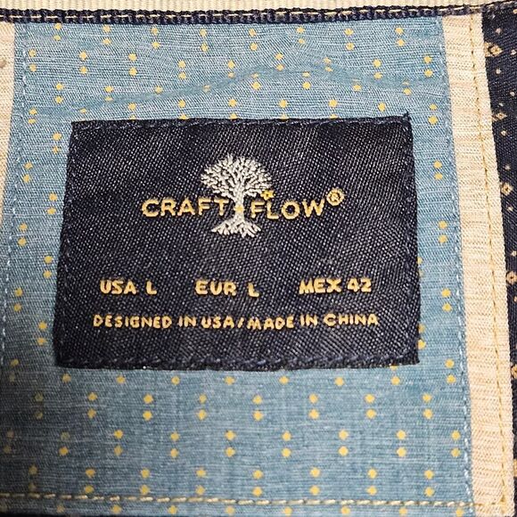 Craft Flow Short Sleeve Button Up Shirt Light Blue with Tan Dots Size L - Picture 9 of 11